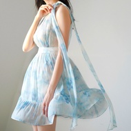 2023 Summer Pure Desire New Super Fairy Smudge Sky Blue Chiffon Ruffled Elegant Sleeveless Halter Dress