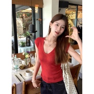 V-neck Knitted Short Sleeve New Summer T-shirt Thin Slim Fit Flutter Sleeve Top