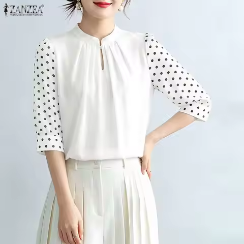 ZANZEA Women Elegant Gathered Blouses Spring Polka Dot 3/4 Puff Sleeves Stand Collar Tops Summer Dai
