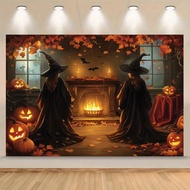 Phông nền tiệc Halloween có hình ma quái, dơi, bí ngô và thiết kế "Trick Or Treat Boo!", thích hợp đ