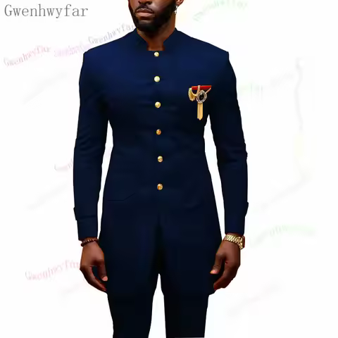 Gwenhwyfar New Affica Style Male Wedding Navy Blue Tuxedo 2 Piece Groom Suits For Men Business (Jack