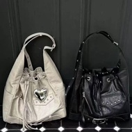 Deinet Korean Niche Retro Diagonal Bag Drawstring Large Capacity Motorcycle Bag Belt Buckle Rivet Sh