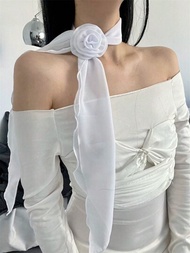女性時尚萬用款Ins風格3D可愛玫瑰印花圍巾，多種佩戴方式優雅飾品，適用於頸部或頭髮。Y2K豹紋頸巾適用於時尚達人。可拆卸花朵可用作頭帶，手鐲或其他日常，假日，節日，派對配件。非常適合攝影道具。