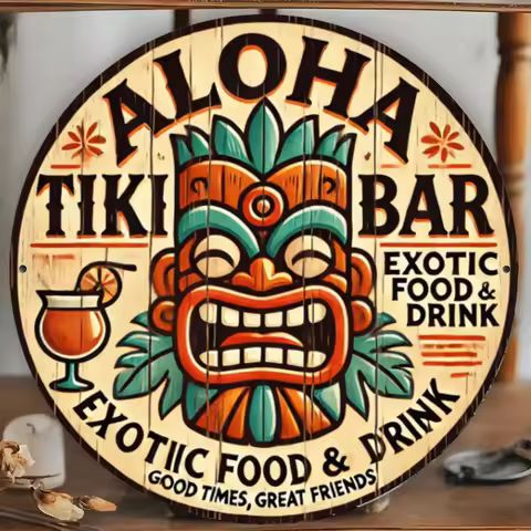 1pc Aloha Tiki Bar Round Iron Sign, 7.87" Exotic Hawaiian Themed Wall Art, Durable, Waterproof, Easy