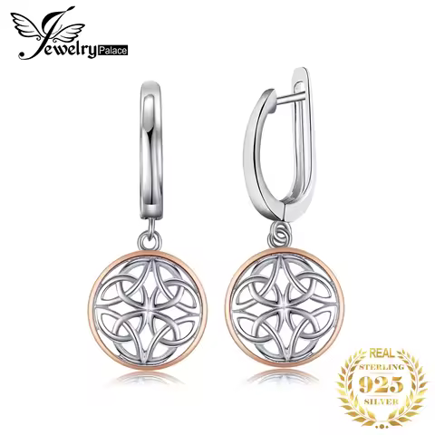 JewelryPalace Celtic Knot Irish Rose Gold 925 Sterling Silver Hoop Drop Earrings for Women Fashion C