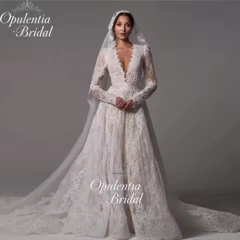 Opulentia Customized Lace Wedding Dress Luxury for Women Elegant 2026 Long Train V-Neck Brides Gown 