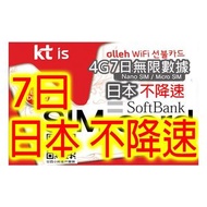 KT is SoftBank (不降速)日本7日4G 全無限(不降速)無限上網卡數據卡Sim卡電話卡咭data