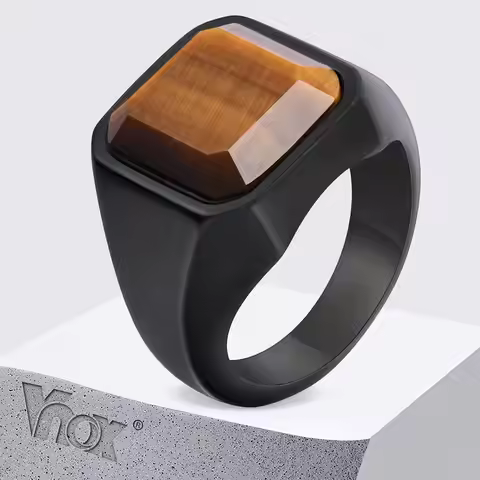 Vnox Tiger Eye Stone Ring for Men, Geometric Square Stainless Steel Metal Finger Ring, Stylish Ring 