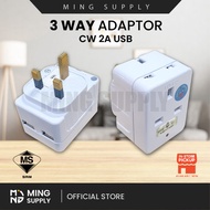 (SIRIM) 13A 3 Way 2 USB Multiple Adapter with Charger 3 Pin Socket Plug Extension Plug Switch Adaptor Neon Light