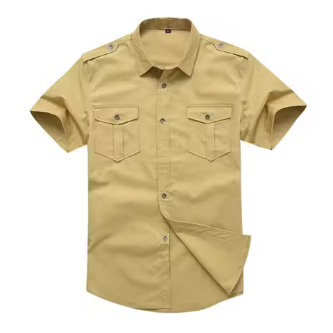 Solid Color Cotton Mens Shirts Short Sleeve Turn-down Collar Army Green Khaki Men Tops Casual Male C