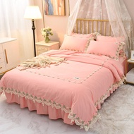 ชุดผ้าปูที่นอน Meanle Girls Heart Pure Color Lace Edged Four-Piece Prince Style Quilt Cover Duvet Co