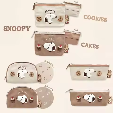 Peanuts Snoopy Japanese Style Fluffy Embroidered Storage Pouch Cookie Pattern Zipper For Cosmetic Ti