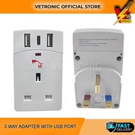 SIRIM 3 Way Adaptor 13A Travel Adapter with 3.1A USB Charger Socket Outlet Plug Extension Wall