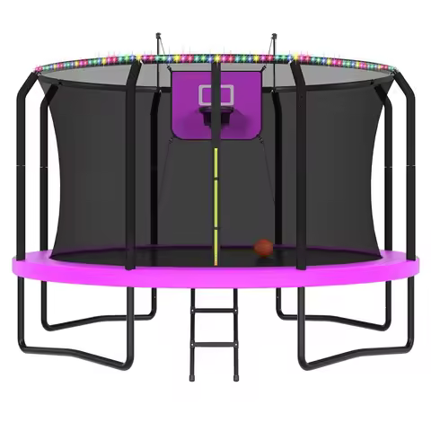 8-16FT Outdoor Trampoline with Net, Basketball Hoop & LED Lights, Customized