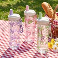 Aesthetic Ribbon Bow Water Bottle 800ml/27oz Portable Clear Sports Cup With Straw Lid & Lanyard, Coq
