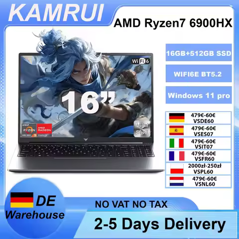 KAMRUI Gaming Laptop 16inch AMD Ryzen9 6900HX 16GB LPDDR5 512GB M.2 NVMe PCIe3.0 SSD Radeon 680M Win