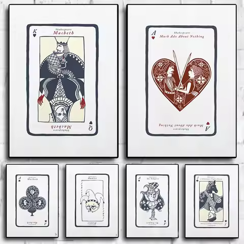 Shakespeare Literary Wall Art Minimalist Playing Card Posters of Othello Midsummer Night's Dream Vin