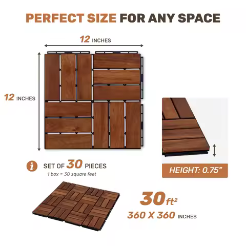 Acacia Wood Interlocking Deck Tiles Checker Pattern, 30 PCS 12" x 12" Square Acacia Hardwood Outdoor