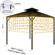 40FT*3.28FT Solar Powered Gazebo Lights Outdoor, 8 Lights Modes Wall Lights LED Outdoor String Curta