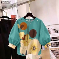 เสื้อเบลาส์แขนพัฟลำลอง ZANZEA ผู้หญิงวินเทจหลวมคอกลมเสื้อ Sablon Bunga #0713