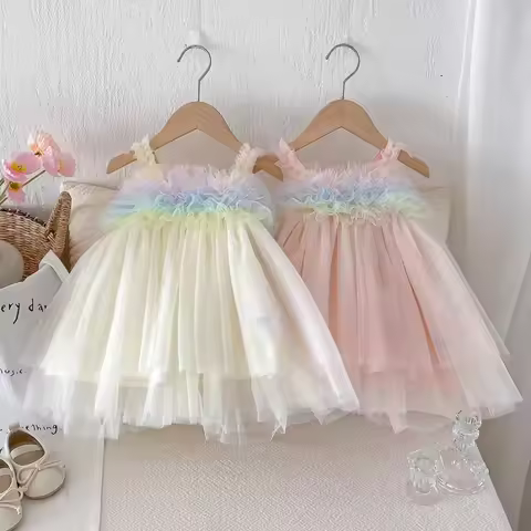 Rainbow Summer Kids Girls Mesh Slip Dress Fuffy Tulle Tutu Toddler Princess Dresses