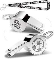 QIBAJIU Whistles with Lanyard, Coach Whistle, Soccer Gifts for Coach, Funny Soccer Coach Gifts for Men Women Teacher, Thank You Cheer Coach Gift, Eat Sleep Soccer Repeat