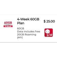 Singtel Prepaid $25 / 60 GB (4 Week Data)/Data Roam 20 GB Malaysia/Top Up / Renew / Recharge