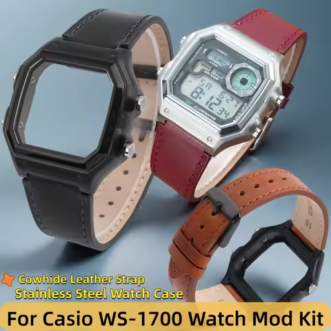 WS1700 Watch Mod Kit For Casio WS-1700H Stainless Steel Watch Case ws1700 Cowhide Leather Watch Stra