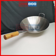 [ OFFER 50% ] Kuali Stainless Steel 32cm 34cm 36cm / Kwali with Wood Hanlde Kuali Tahan Kuali Goreng