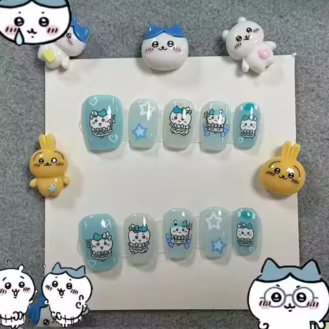 Nail Art yiji ハチワレ Hachiware うさぎ USAGI ちい./かわ Kawaii Wearing Nails Cartoon Nails DIY Short Cute Fini