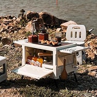 Folding Camping Storage Box with Wooden Table Board, Multi-functional Collapsible Camp Kitchen Box,