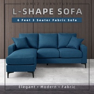 (Self-assembly) Homez 3 Seater Sofa Set L Shape Sofa Set Linen Fabric Sofa Metal Leg Removeable Pillow Cover Grey Clay Blue - AE313