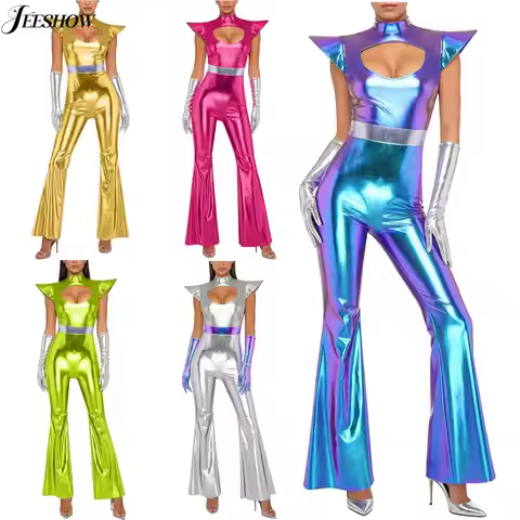 Womens Space Alien Costume 2 Piece Outfits Shiny Metallic Cut Out Chest Bell Bottoms Jumpsuit with G