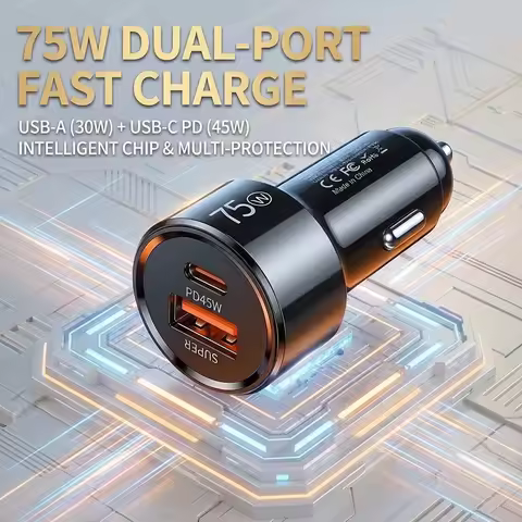 Dual Port 75W Vehicle Charger PD 45W QC 30W Fast Charging Auto Adapter Intelligent Chip Multiple Pro