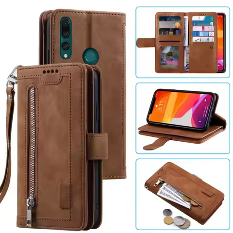 9 Cards Wallet Case for Huawei P Smart Z Y9 Prime Phone Case Card Slot Zipper Flip Folio with Wrist 
