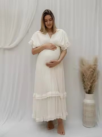 Maternity Dress Photoshoot White Ruffle Ruched Boho V-neck Maxi Big Swing Pregnancy Gown for Baby Sh