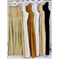 T51400 Long Dress With Pleated Chest And Linen Fabric