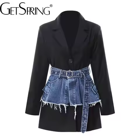 gestring Women Blazer 2025 Spring New Black Blazer Jacket With Blue Denim Waistband Fashion All Matc