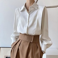 E0417-Retro Style Satin OL Commuter Shirt French Elegant Professional Ladies Office Shirt Simple Sol