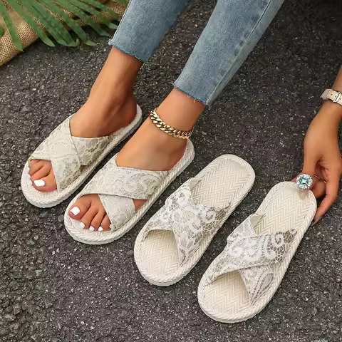 Women Lace Criss Cross Slide Sandals Woven Jute Sole Flat Open Toe Summer Indoor Outdoor Casual Slip