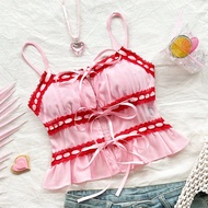 WYWH เสื้อคล้องคอผูกเชือกสีชมพูผสมสีแดงพร้อมชายกระโปรงระบายสำหรับวันหยุด