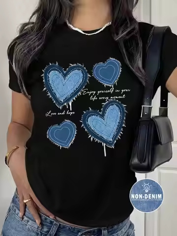 Plus Size SHEIN EZwear Women's Cute Graphic T-Shirt White Tee With Denim Effect Hearts Love And Hope