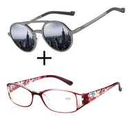 2Pcs!!! Double Bridge Round Sunglasses and Squared Blu Wooden Frame Ultralight Reading Glasses +0.75