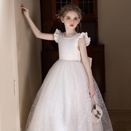 Kids Sequin Dress Wedding White Flower Girl Dress Puffy Backless Big Bow Dress Girl Piano Performanc