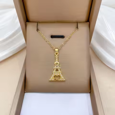 Stainless Steel Chain Creative Eiffel Tower Necklace Women Girls Romantic Zircon Tower Pendant Acces