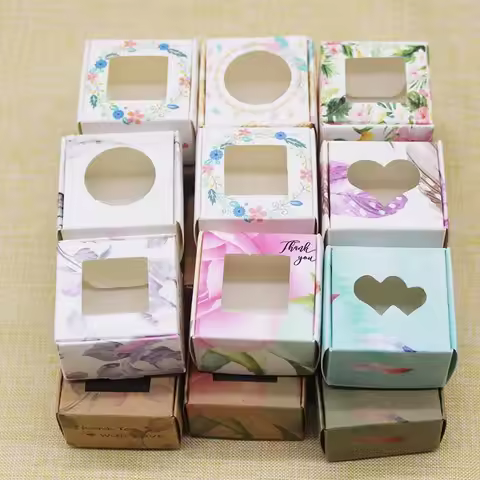 Newest Handmade gifts package box with window 4*4*2.5cm white/kraft print marbling flower pattern so