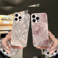 Cute Bow Butterfly Silver Laser With Pearl Lanyard Cover For OPPO A5S A3S A7 A12 A12E A5 A9 A31 A33 