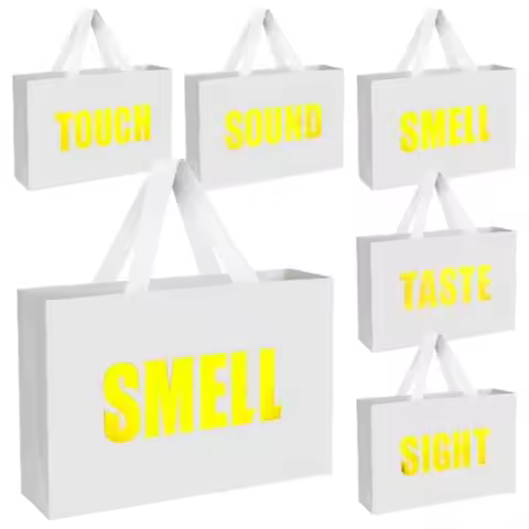 5 Senses Gift Bags for Him, 12.6" Double Sided Gold Stamping Word, Five Senses Gift Bags with Ribbon