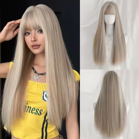 7JHH WIGS Long Straight Ash Blonde Wig for Women Synthetic Modest Fashion Wear and Go Highlight Beig
