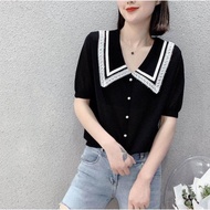 2024 Korean Version Loose French Romantic Lace Doll Collar Ice Silk Knit Short-Sleeved T-Shirt Women
